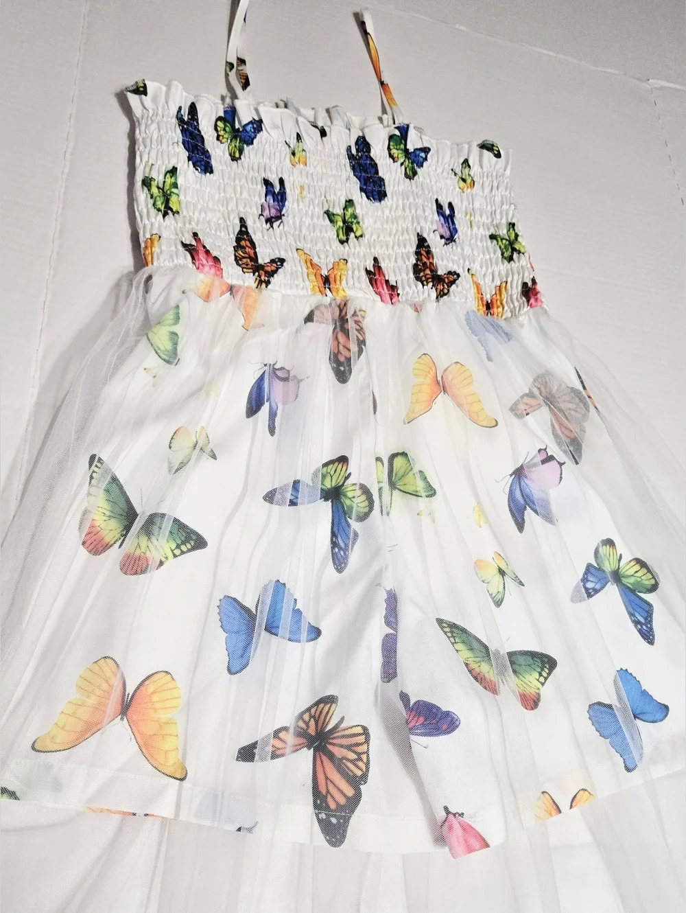 Girls Butterfly Mesh Overlay Romper Dress Size 11Y White Multicolor Summer Party